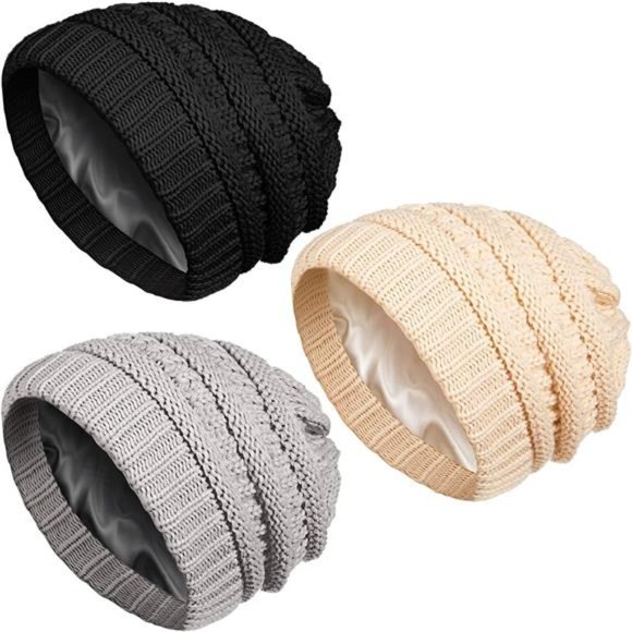 3 Pack Winter Beanies Satin Lined Warm Thick Knitted Hats Slouchy Caps for Women main image 4